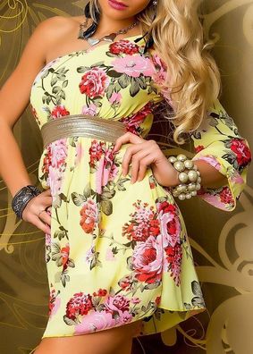 SeXy Miss Damen Flower Chiffon Mini Kleid 1 Arm Dress 32/34/36 bunt gold gelb