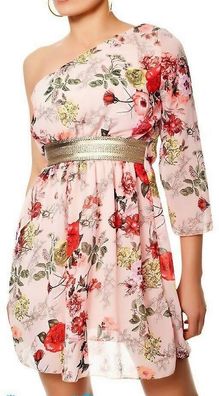 SeXy Miss Damen Flower Chiffon Mini Kleid 1 Arm Dress 32/34/36 bunt gold rosa