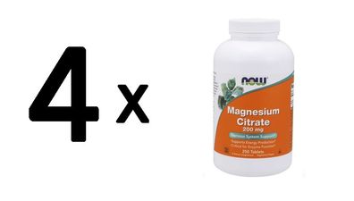 4 x Now Foods Magnesium Citrate 200mg (250 tabs) Unflavoured