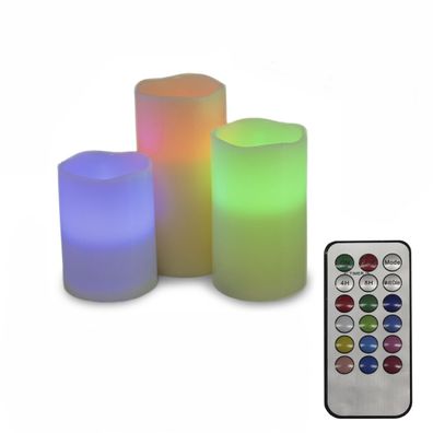 LED multicolor Kerze 3er Set Echtwachs batteriebetrieben mit Fernbedienung D: 7,5cm,