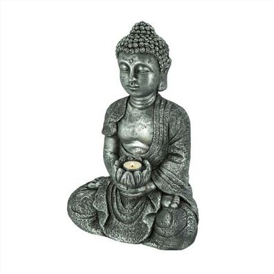 Buddha sitzend mit Kerzenhalter MGO, silber grau, 31x20x45,5cm