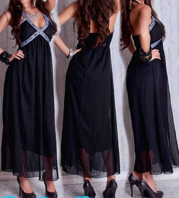 SeXy Miss Damen Maxi Dress langes Chiffon Kleid Glamour Steine 34/36 S/ M schwarz