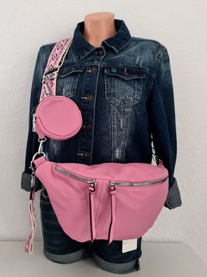 Große Bauchtasche Cross Body Bag Kunstleder bunter Gurt + Tasche 2 RV Rosa