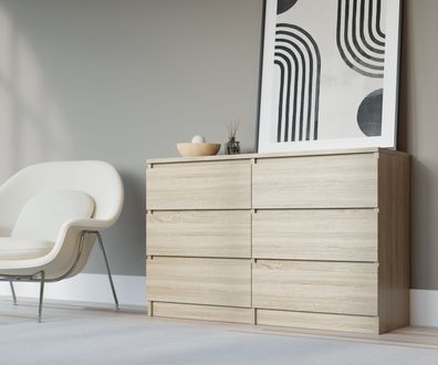 Kommode, Sideboard mit 6 Schubladen in Sonoma Eiche, H: 78 cm, B: 120 cm, T: 39 cm