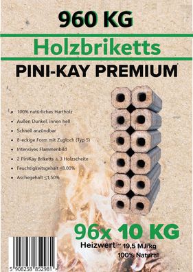 PiniKay Hartholz Briketts Kamin Ofen Holz Brikett 10kg x 96 - 960kg Palette