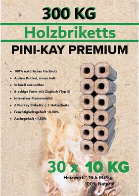 PiniKay Hartholz Briketts Kamin Ofen Holz Brikett 10kg x 30/300kg Palette