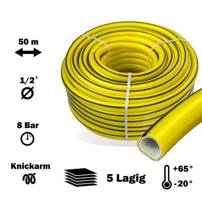 Premium Gartenschlauch 1/2" Zoll 12,5mm 50m 5-lagig knickfrei (0.93€/1m)