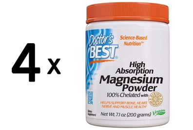 4 x High Absorption Magnesium Powder, 100% Chelated - 200g