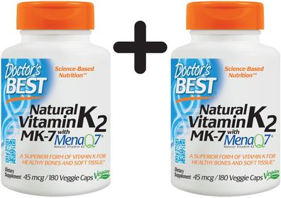 2 x Natural Vitamin K2 MK7 with MenaQ7, 45mcg - 180 vcaps