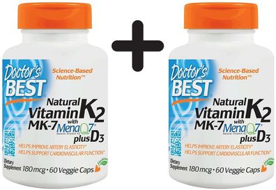 2 x Natural Vitamin K2 MK7 with MenaQ7 plus D3, 180mcg - 60 vcaps
