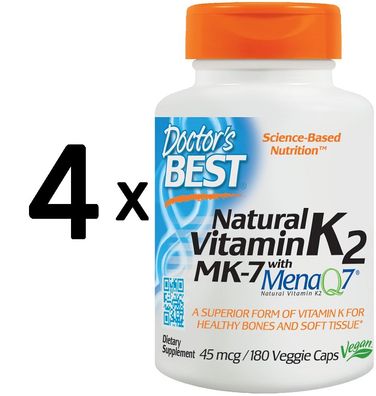 4 x Natural Vitamin K2 MK7 with MenaQ7, 45mcg - 180 vcaps