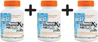 3 x Natural Vitamin K2 MK7 with MenaQ7 plus D3, 180mcg - 60 vcaps