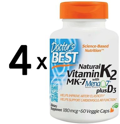 4 x Natural Vitamin K2 MK7 with MenaQ7 plus D3, 180mcg - 60 vcaps