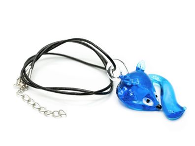 Fuchs Kette Miniblings 80cm Anhänger Halskette Fuchskopf Fox Lampwork Glas blau