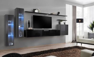 Designer Schwarz Wohnwand Sideboard Wandschrank TV-Ständer Luxus Garnitur