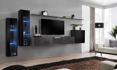 Wohnzimmer Holz Komplett Grau TV-Ständer Design 3x Wandschrank Luxus Wohnwand