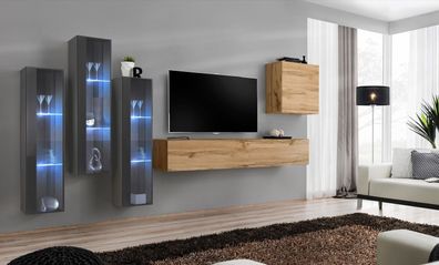 Wohnzimmer Wohnwand Holz Luxus Garnitur Einrichtung neu Stil Modern Luxus Braun