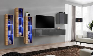 Luxus Wohnwand Grau Hochglanz TV Ständer Designer Sideboard Wohnzimmer Set
