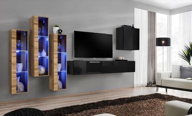 Wohnwand Möbel Wohnzimmer Luxus Hochglanz TV Ständer Schwarz Holz Komplett Neu