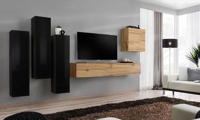 Schwarz Wohnzimmer Komplett Set Sideboard RTV Schrank Wand Garnitur Luxus Möbel