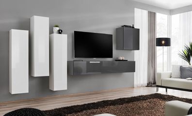 Garnitur Wohnwand Komplett Wohnzimmer Grau Sideboard TV-Ständer Wandschrank