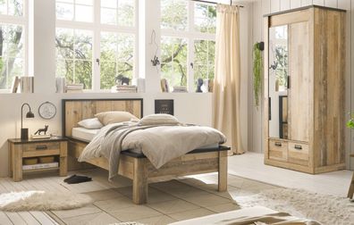 Schlafzimmer Set 3-tlg Bett 90 x 200 cm Kleiderschrank und Nachttisch Used Wood Stove