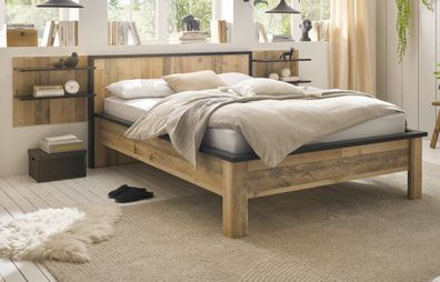 Schlafzimmer Set 3-tlg in Used Wood mit Bett 140 x 200 cm und 2 x Wandpaneel Stove