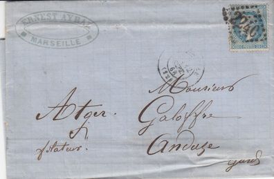 Frankreich vollständiger Brief aus dem Jahr 1868 von Marseille nach Anduze