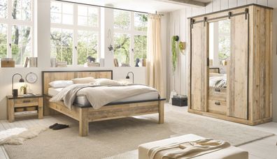 Schlafzimmer Set komplett in Used Wood mit Bett Kleiderschrank 2 x Nachttisch Stove