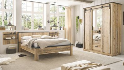 Schlafzimmer Set komplett in Used Wood mit Bett Kleiderschrank 2 x Wandpaneel Stove