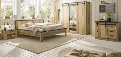 Schlafzimmer Set komplett in Used Wood mit Bett Kommode Schrank 2 x Nachttisch Stove