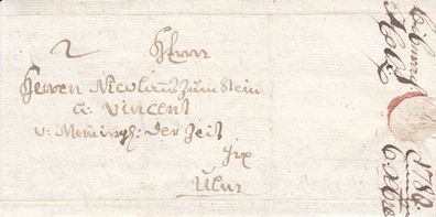 vollständiger Vorphilabrief aus dem Jahr 1780 von Biberach nach Ulm