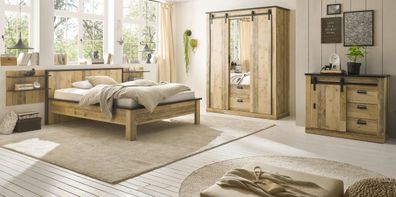 Schlafzimmer Set komplett mit Bett Schrank Kommode 2 x Wandpaneel in Used Wood Stove