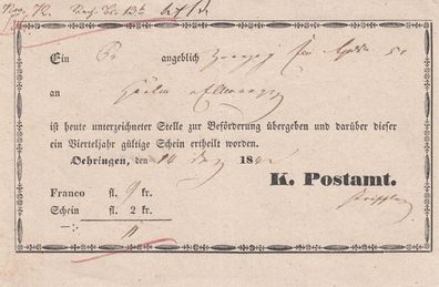Vorphilatelie Post-Einlieferungsschein aus dem Jahr 1842 von Dehringen