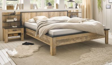 Schlafzimmer Set 5-tlg. mit Doppelbett 2x Nachttisch 2x Wandpaneel in Used Wood Stove