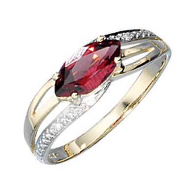 Damen Ring 585 Gelbgold bicolor Granat rot 2 Diamanten Brillanten 0,01 ct., W/ P1