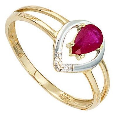 Damen Ring 585 Gelbgold bicolor Rubin rot 3 Diamanten Brillanten 0,015 ct., W/ P1