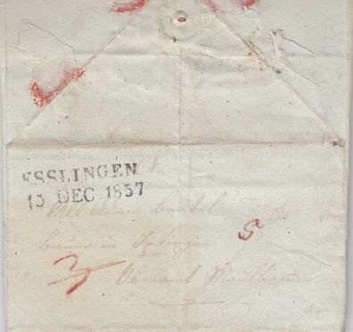 vollständiger Vorphilabrief aus dem Jahr 1857 von Esslingen an Oberamt Maulbronn