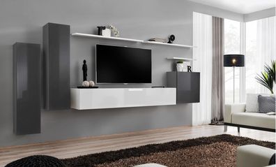 Wohnwand Grau Möbel Wohnzimmer Designer Luxus TV Ständer Holz Wandregal Komplett
