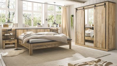 Schlafzimmer Set komplett Bett Schrank 2 x Wandpaneel 2 x Nachttisch Used Wood Stove