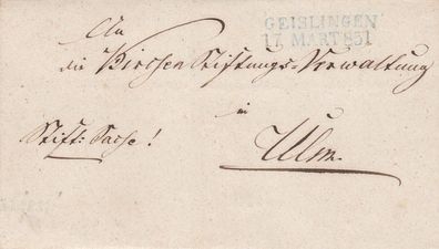 Vorphilabrief aus dem Jahr 1851 von Geislingen nach Ulm
