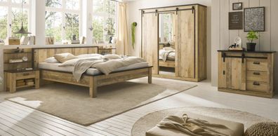 Schlafzimmer Set mit Bett Schrank Kommode 2x Nachttisch Wandpaneel in Used Wood Stove