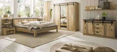 Schlafzimmer Set mit Bett Schrank Sideboard 2x Nachttisch Wandpaneel Used Wood Stove