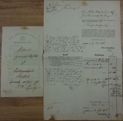 Vorphilatelie Post-Einlieferungsschein mit dazugehöriger Quittung 1876