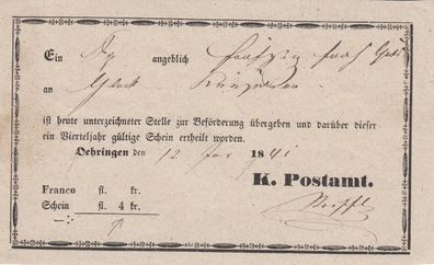 Vorphilatelie Post-Einlieferungsschein aus dem Jahr 1841 von Dehringen