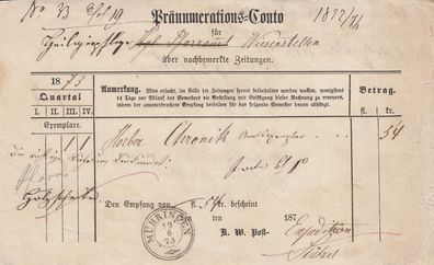 Pränumerations-Conto Zeitungswesen aus dem Jahr 1873 von Mühringen