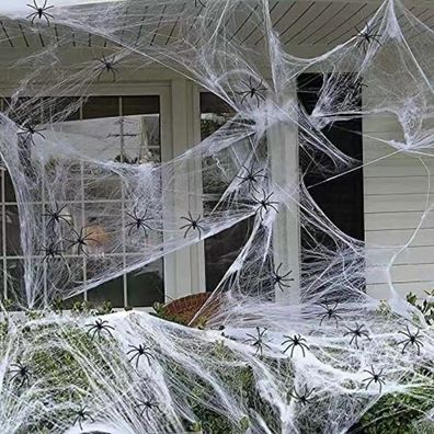 Precorn leuchtendes Spinnennetz Deko mit 20 Spinnen - Deko Halloween Fasching Party