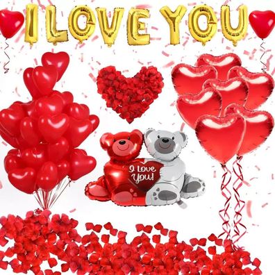 I LOVE YOU Folienballon Buchstaben Herzen, Teddybär und Deko Rosenblättern Set