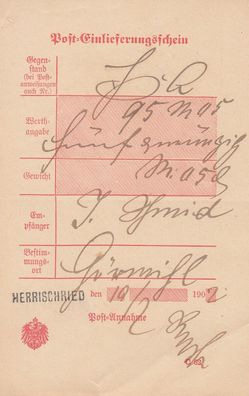 Altdeutschland Baden Post-Einlieferungsschein aus dem Jahr 1902 von Herrischried