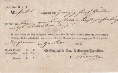 Vorphilatelie Post-Einlieferungsschein aus dem Jahr 1853